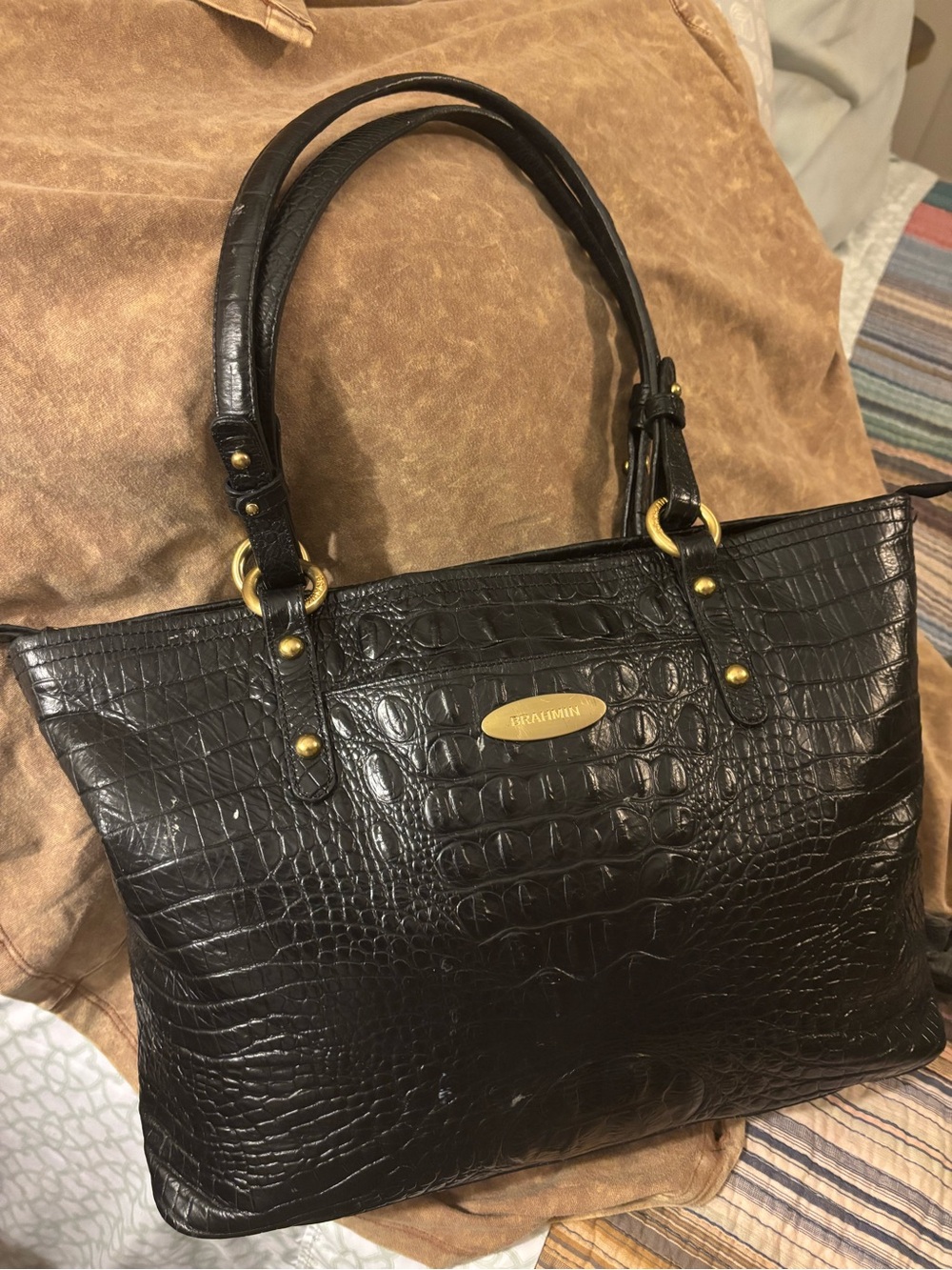 Brahmin Black Croc-Embossed Satchel with Gold Hardware